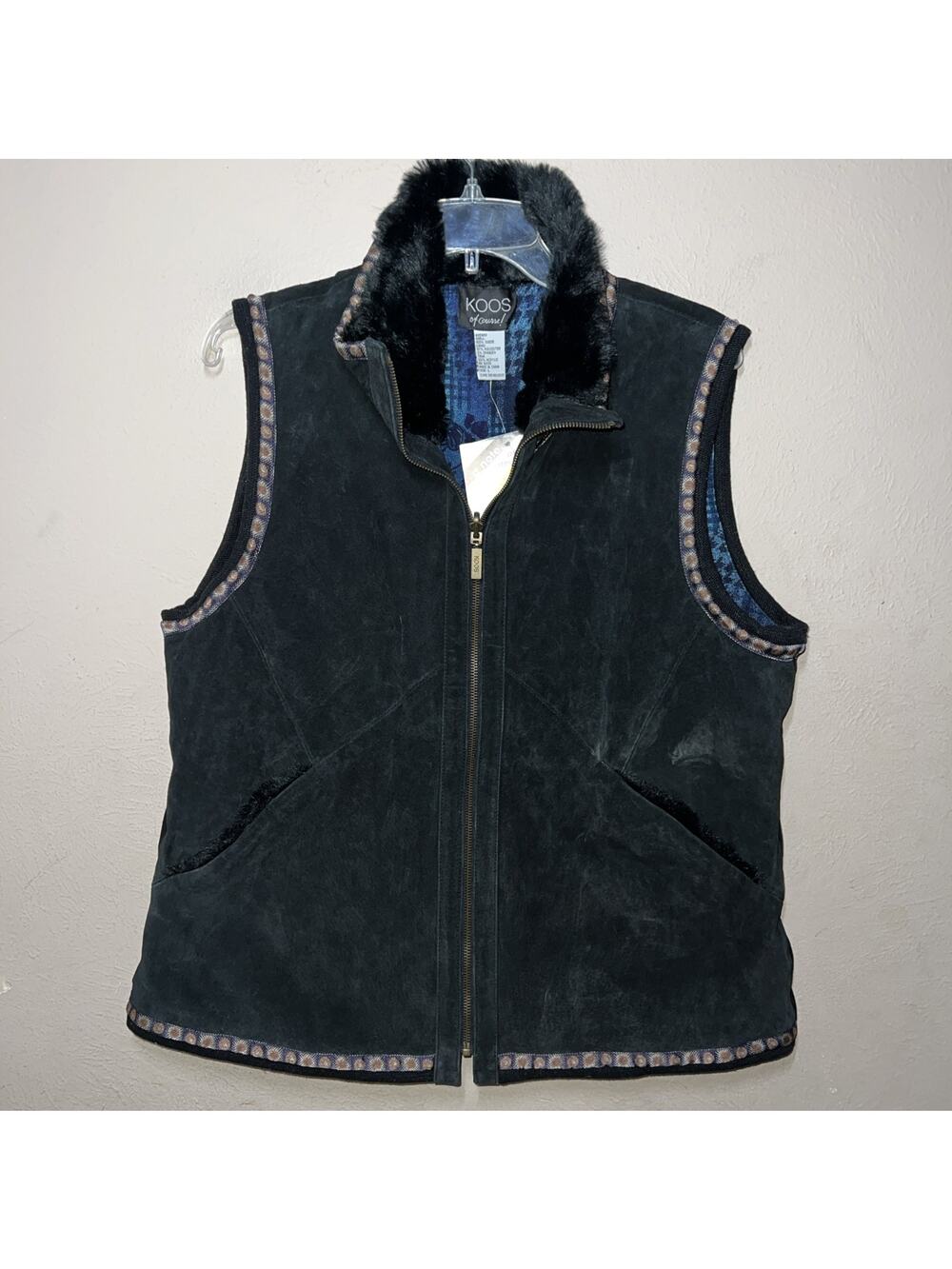 Vintage Koos Of Course Women’s Black Suede Faux Fur Vest L NWT Reversible Blue